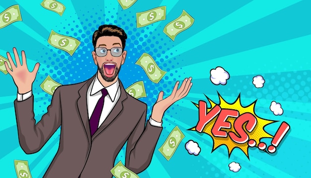 Sorprende a un hombre de negocios exitoso e impactante con el estilo cómico retro Falling Money Pop art