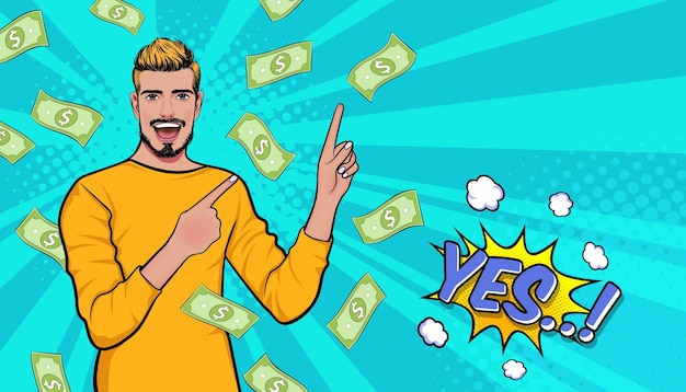 Sorprende a un hombre de negocios exitoso e impactante con el estilo cómico retro falling money pop art