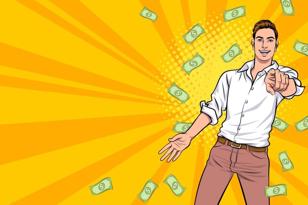 Sorprende a un hombre de negocios exitoso e impactante con el estilo cómico retro Falling Money Pop art