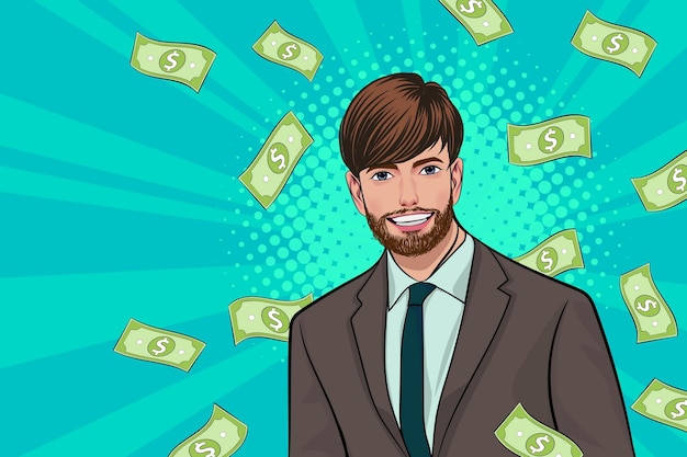 Sorprende a un hombre de negocios exitoso e impactante con el estilo cómico retro Falling Money Pop art
