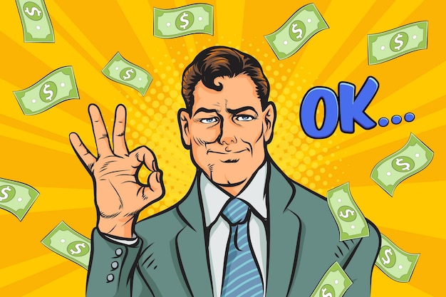 Sorprende a un hombre de negocios exitoso e impactante con el estilo cómico retro Falling Money Pop art