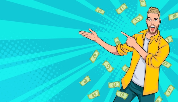 Sorprende a un hombre de negocios exitoso e impactante con el estilo cómico retro Falling Money Pop art