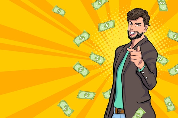Sorprende a un hombre de negocios exitoso e impactante con el estilo cómico retro Falling Money Pop art