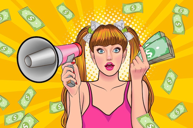 Sorprende a una mujer de negocios exitosa e impactante con falling money wow omg pop art retro comic style