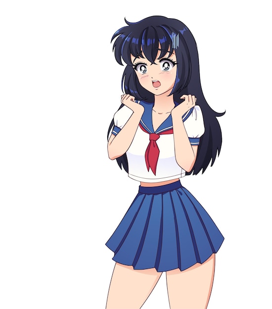 Vector sorprendida chica de manga de anime con cabello negro vestida con uniforme escolar con lindas patas y manos aisladas sobre fondo blanco