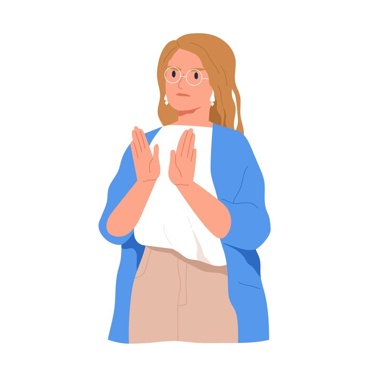 Vector sorprendida mujer sorprendida mirando a smb y mostrando su reacción negativa con negación, rechazo o gesto de parada. comunicación no verbal. ilustración de vector plano coloreado aislado sobre fondo blanco