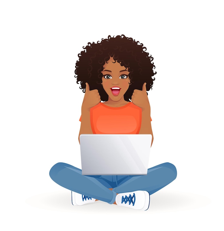 Vector sorpresa emocionada mujer africana usando computadora portátil mostrando pulgares hacia arriba sentada en postura de loto con