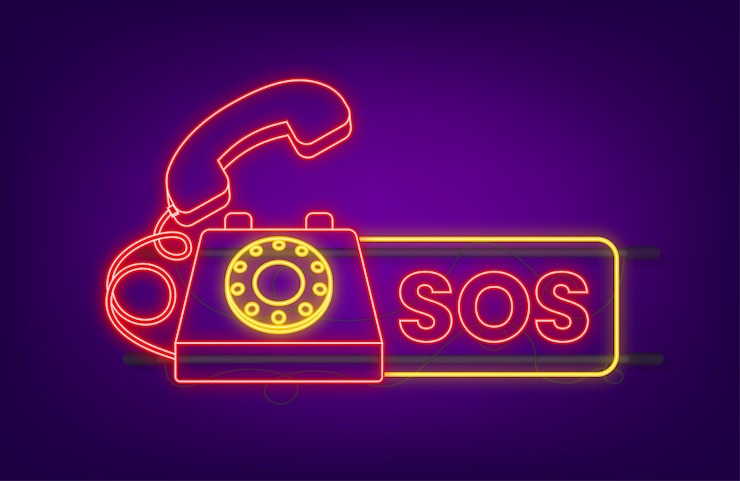 Vector sos llamada de emergencia 911 llamando icono de neón un grito de ayuda ilustración de stock vectorial