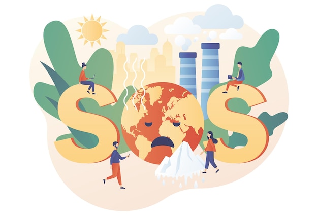 SOS - texto grande. Cambio climático. Concepto de calentamiento global. Gente diminuta tratando de salvar el planeta Tierra.