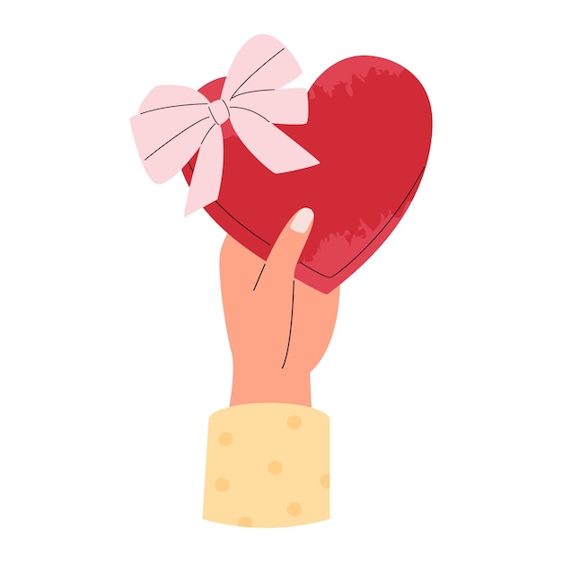 Sostenga a mano una caja de chocolate en forma de corazón. Día de San Valentín. ilustración vectorial plana