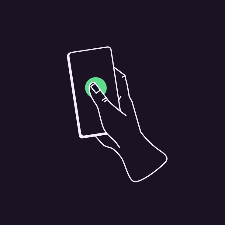 Vector sostenga con la mano el teléfono móvil presionando el botón en la pantalla toque con el dedo de la línea de arte haciendo clic en el teléfono inteligente pulgar tocando la aplicación abstracta del teléfono celular activando algo ilustración de vector plano lineal