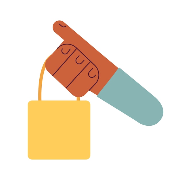 Sosteniendo bolsa de compras de boutique semi plano colorido vector primera vista mano