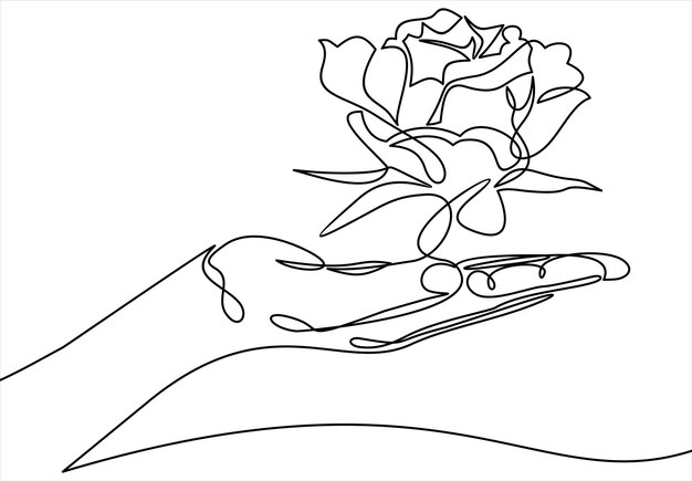 sosteniendo una flor de rosa en la palma de la mano dibujo vectorial de línea continua