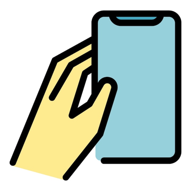 Sosteniendo el icono del teléfono android vector de contorno Mano móvil Pantalla de la celda color plano