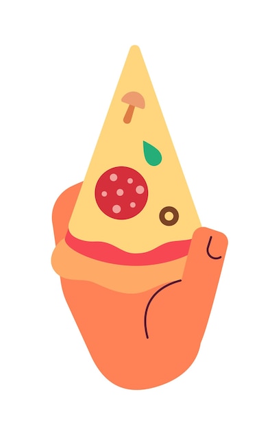 Sosteniendo queso pepperoni pizza rebanada vector de color semi plano primera vista mano
