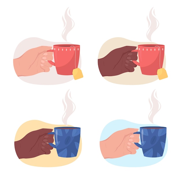 Vector sosteniendo una taza humeante de té conjunto de ilustración de vector de color plano