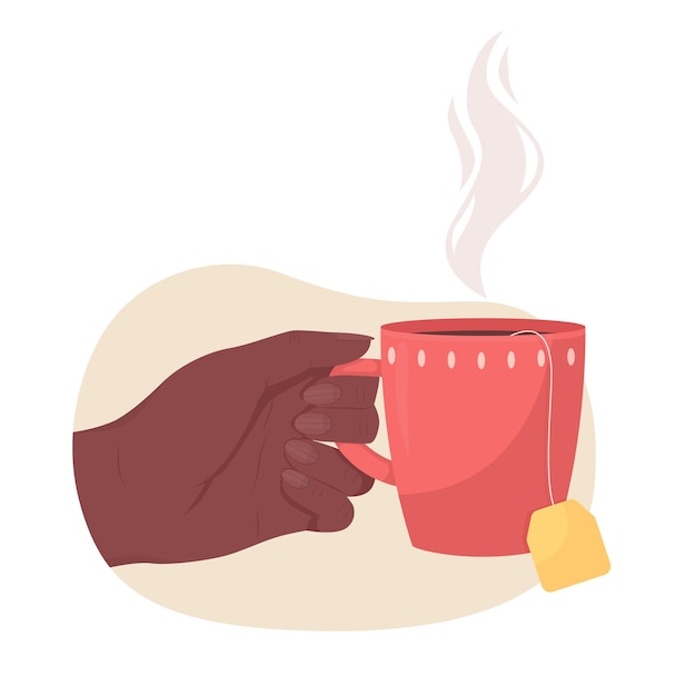 Sosteniendo la taza de té caliente 2D vector ilustración aislada. Bebida aromática. Tomando la taza roja con el tirón de té plano primera mano vista sobre fondo de dibujos animados. Bebida caliente para la colorida escena de clima frío.