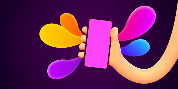 Vector sosteniendo el teléfono en dos manos, maqueta de teléfono, explosión de color, pantalla táctil con el dedo