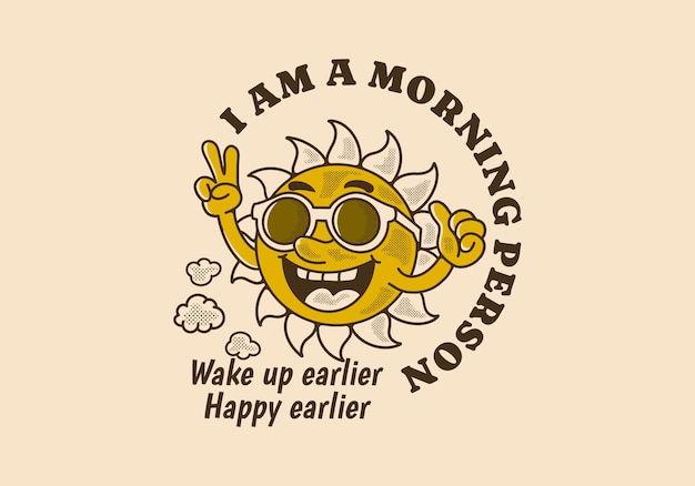 Soy una persona mañanera Diseño de personaje de mascota vintage de un sol con gafas de sol con expresión feliz
