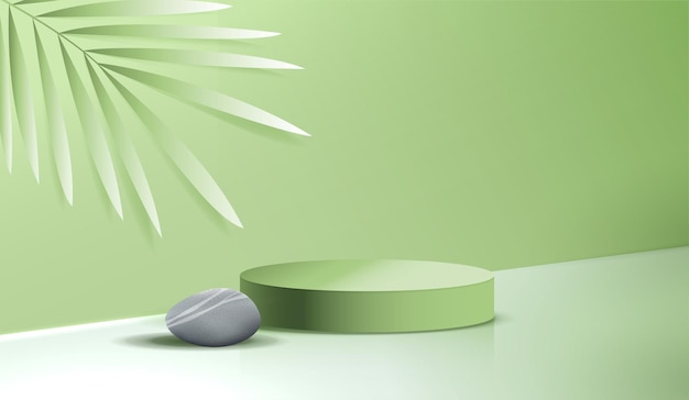 Spa cosmético sobre fondo verde y podio premium para presentación de marca y empaque. escenario de estudio con hoja y piedra. diseño vectorial.