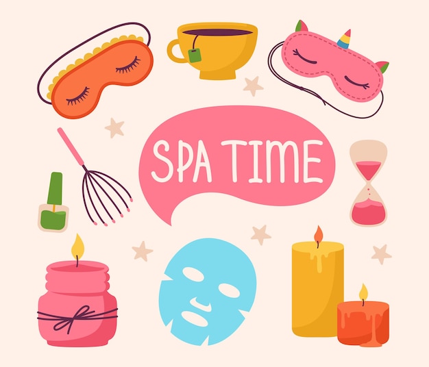 spa y cuidado de la belleza pegatinas de salón conjunto de dibujos animados vela aromática máscara para dormir cuidado de la piel tiempo