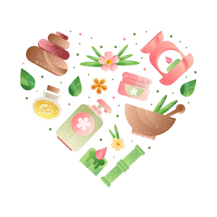 Vector spa con loción de aceite esencial y vela para aromaterapia y relajación vector composición en forma de corazón