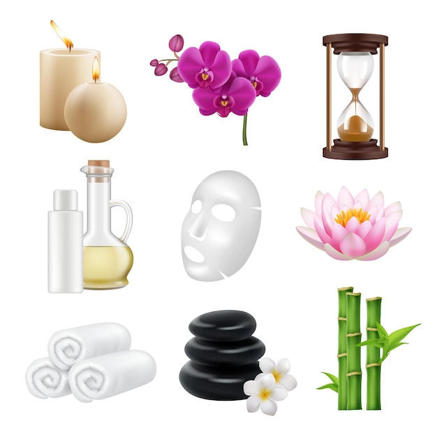 Spa realista Salón de belleza y relajación medicina alternativa toalla zen loto orquídea piedras de bambú conjunto de colección de vectores decentes