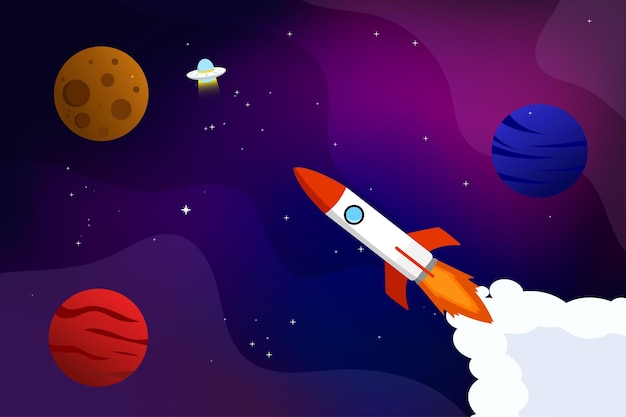 Space rocket and planet background Gradient galaxy vector illustration poster design template