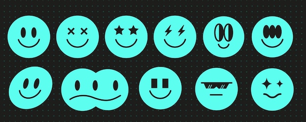 Space trippy smiley face set estético de los años 90 vintage azul neón y2k diseño del símbolo de la sonrisa techno moderno