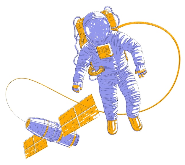 Spaceman volando en espacio abierto conectado a la estación espacial, astronauta hombre o mujer en traje espacial flotando en ingravidez y nave espacial iss detrás de él. Ilustración de vector aislado sobre blanco.