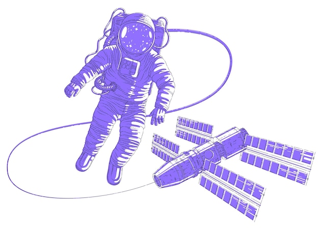 Spaceman volando en espacio abierto conectado a la estación espacial, astronauta hombre o mujer en traje espacial flotando en ingravidez y nave espacial iss detrás de él. ilustración de vector aislado sobre blanco.