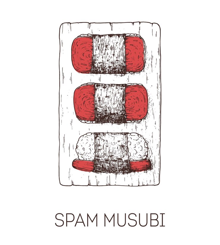 Vector spam musubi comida hawaiana ilustración vectorial dibujada a mano estilo de boceto vista superior ilustración vectorial vintage