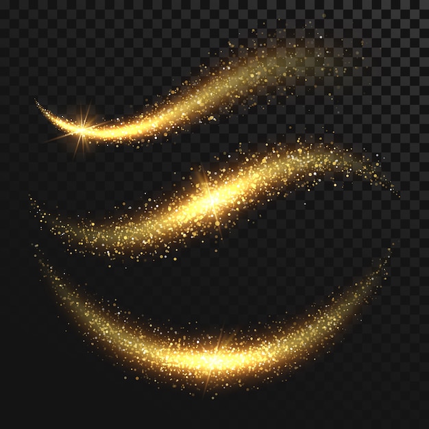 Spardle stardust. el vector mágico que brilla de oro agita con las partículas del oro aisladas en fondo negro. sendero brillante brillo, ilustración de reflejo de onda brillante