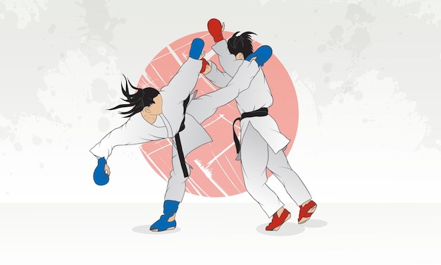 Vector sparring de dos mujeres involucradas en artes marciales de karate mujeres en elementos protectores de un traje kimono