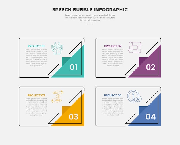 speech bubble shape infographic outline style with 4 point template with creative box with triangle on bottom edge with quadrant structure for slide presentation