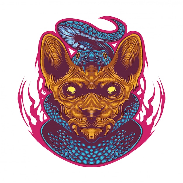 Sphynx cat head esport mascota logo con serpiente