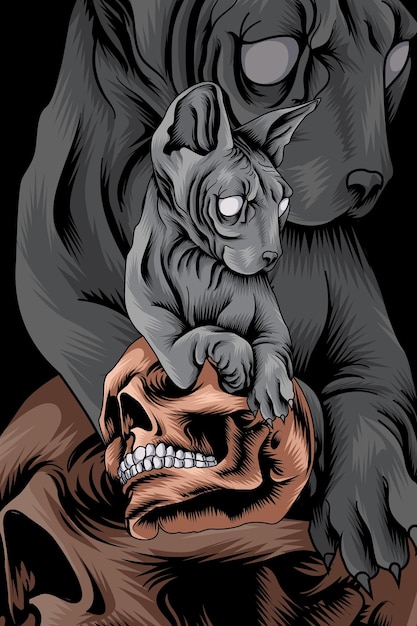 Sphynx con ilustración de vector de cráneo