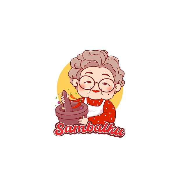 Spicy sambal logo con la abuela chef cocinando con el logo del molinillo de mortero tradicional cobek