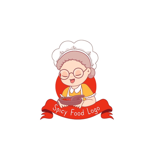 Vector spicy sambal logo con la abuela chef cocinando con el logo del molinillo de mortero tradicional cobek