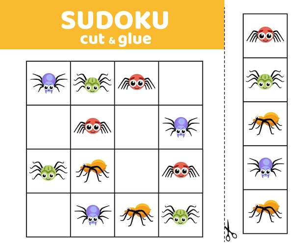 Spider Juego de sudoku de Halloween para niños con arañas Cortar y pegar Dibujos animados