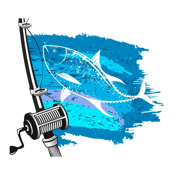Vector spinning con ondas de agua azul de carrete y silueta de atún