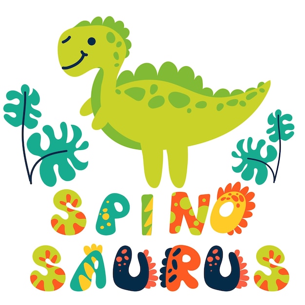 Un spinosaurio de dibujos animados con una vista firmada Ilustración brillante de niños lindos sobre un fondo blanco