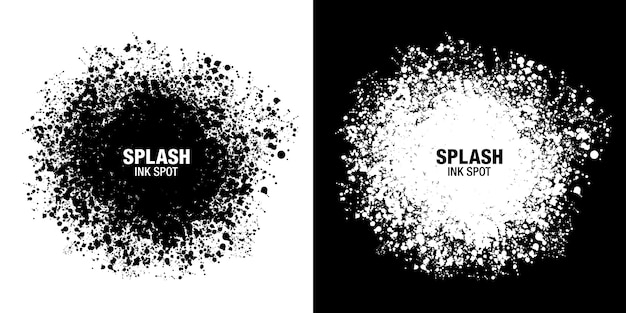 Splash conjunto de cuadros de manchas de tinta. Gotas de textura negro aislado sobre fondo blanco. Mancha abstracta de grunge de manchas de salpicadura. Esfera de manchas negras al azar.