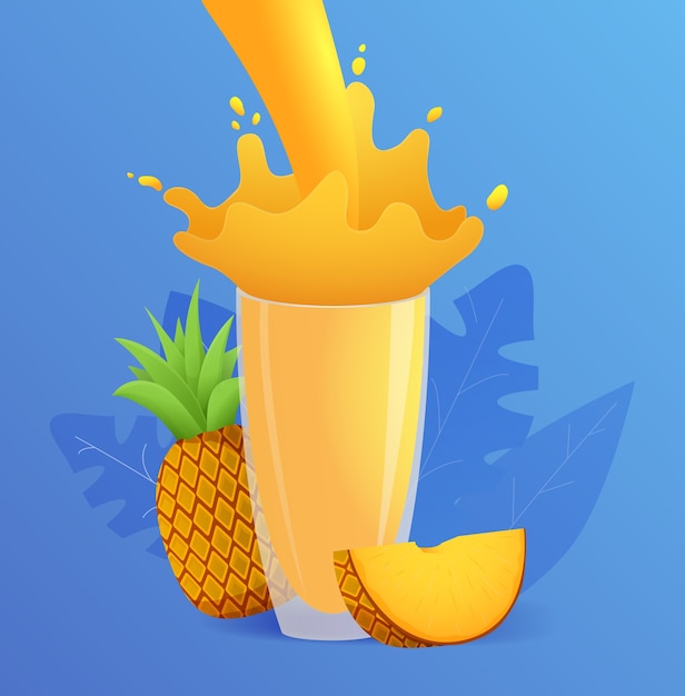 Splash de jugo de piña se vierte fruta tropical en un vaso.