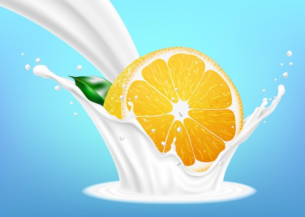 Splash de leche y fruta naranja. Fruta y yogur. Ilustración realista. icono de vector 3d