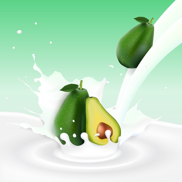 Splash de leche que fluye con frutas de aguacate