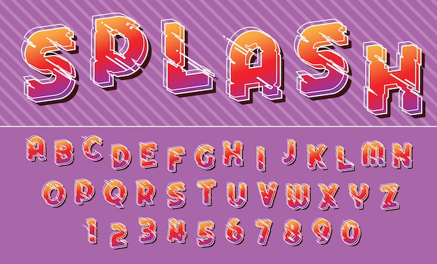 Splash líneas alfabeto fuente colorido letras y números de diseño