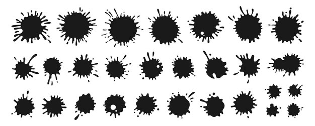 Splash salpicaduras de tinta juego de dibujos animados mancha pintura salpicadura líquidos caída icono barro forma negra vector plano
