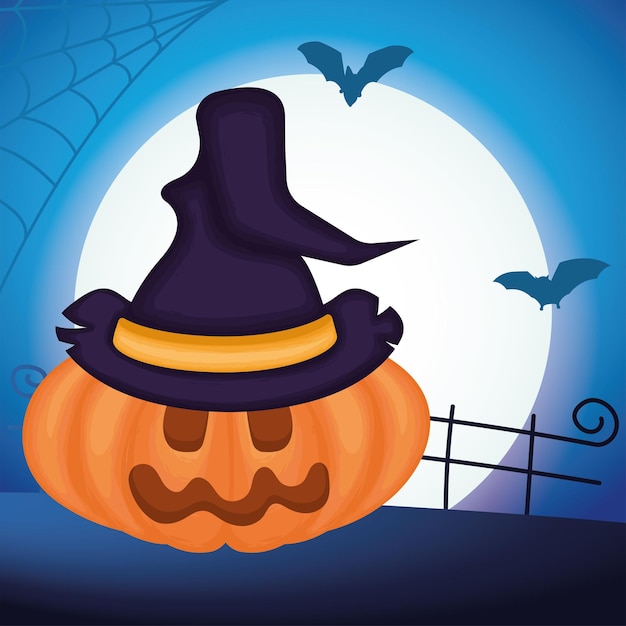 Spooky jack o linterna con sombrero de bruja Tarjeta de invitación de Halloween Vector