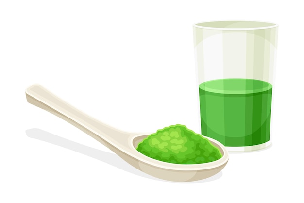 Spoon of spirulina powder and healthy drink Organic dietary supplement antioxidant superfood vector illustration